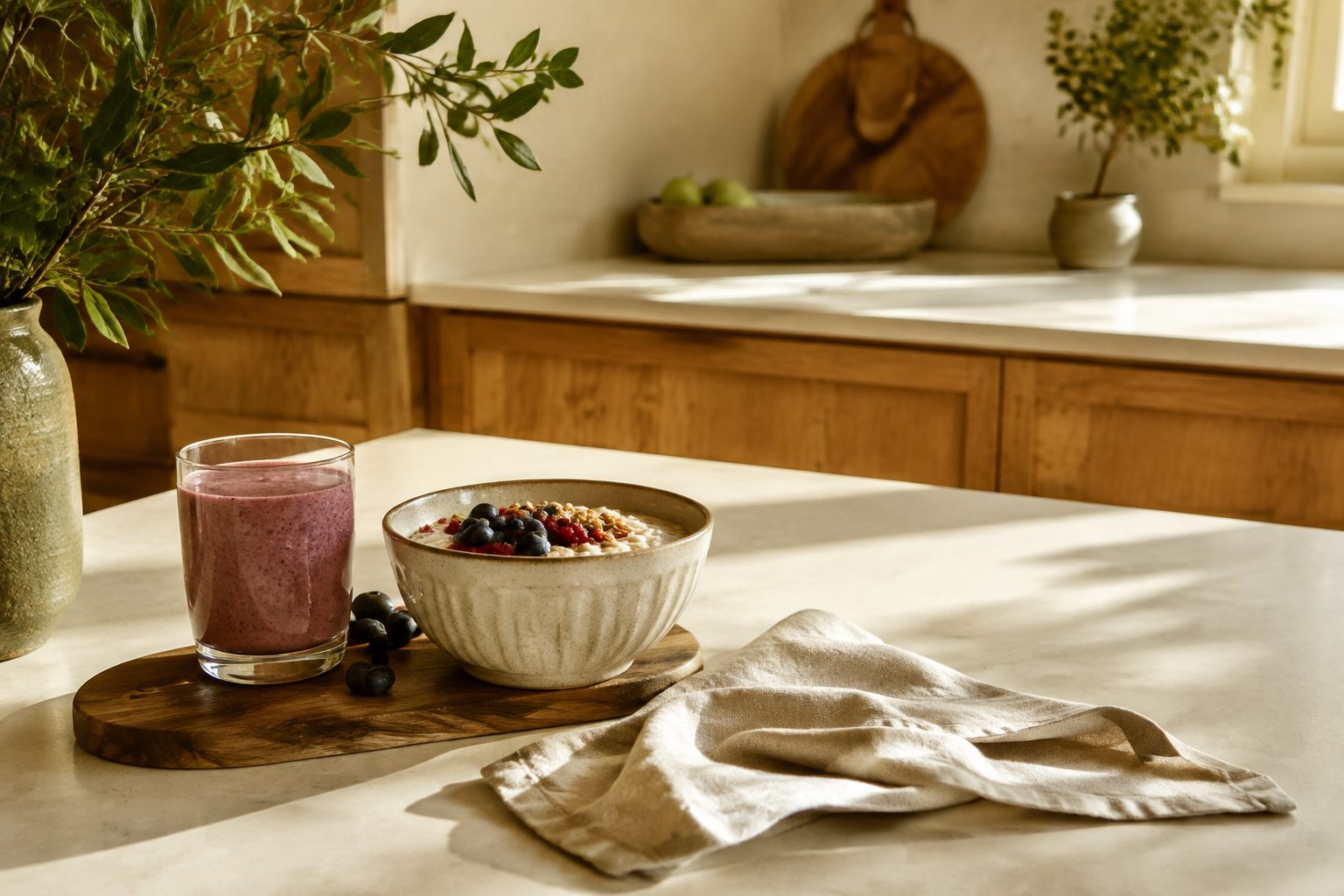 A sunlit kitchen counter with a berry smoothie and breakfast bowl