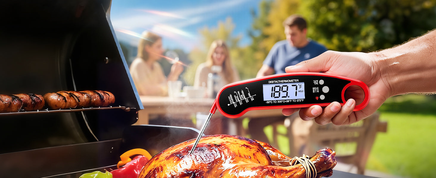 Checking food temperature at an outdoor BBQ